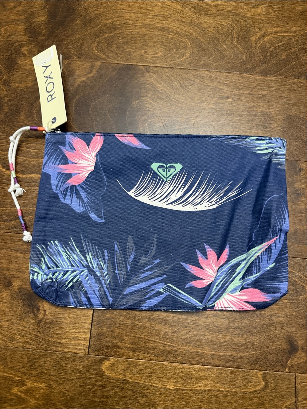 NWT, Roxy Navy Floral Zip Pouch with Pink & Mint Accents